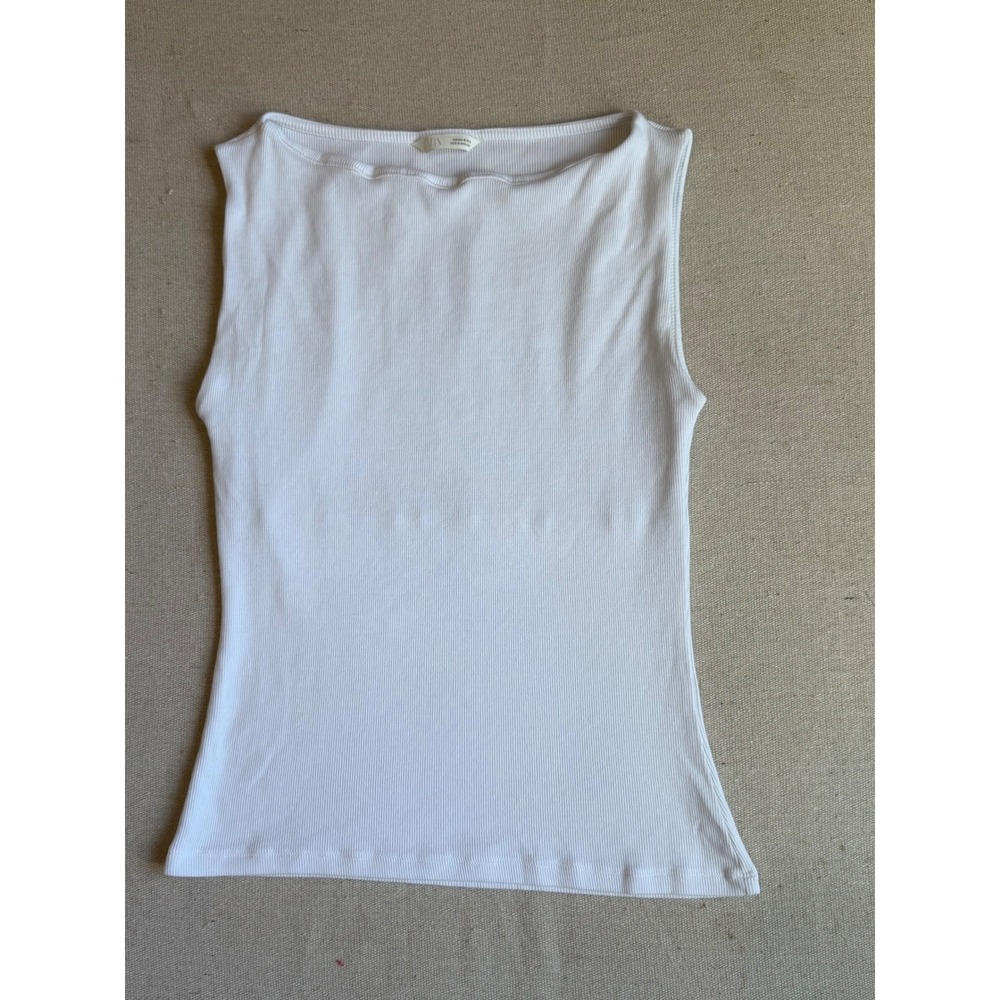 Zara White Ribbed Boat Neck Tank Top Sleeveless Knit Basic Medium